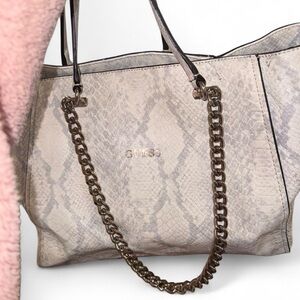 GUESS Beige Snake Print Tote with Chain Strap